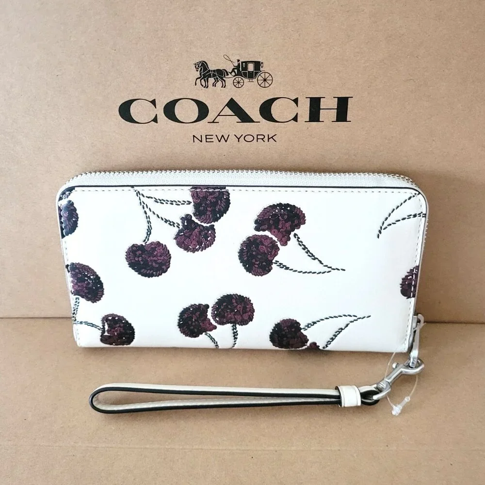 Coach CDE92 Long Zip Around Wallet Cherry Embossed Print Leather Chalk Multi - Picture 3 of 7